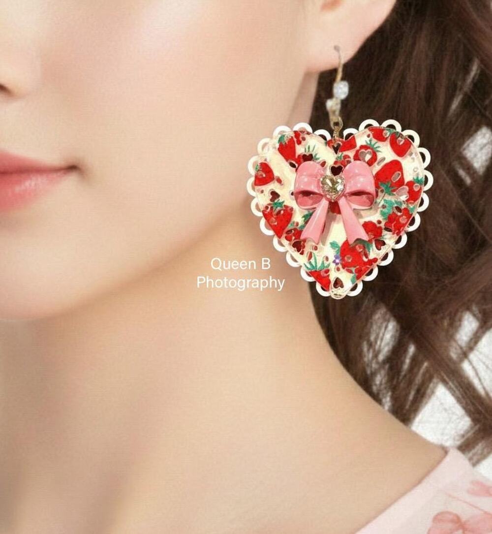 Betsey Johnson Strawberry Heart Earrings, Scalloped Lace Dangle, Pink Bow
